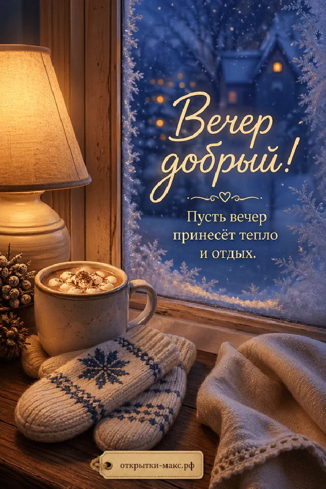 Кожаная коричневая книга с очками и карточкой «Вечер добрый» рядом с чашкой кофе и оранжевым пледом — вариант 5