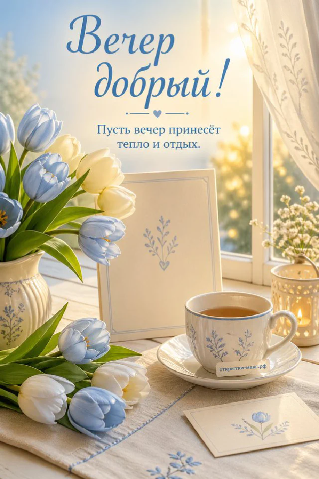 Кожаная коричневая книга с очками и карточкой «Вечер добрый» рядом с чашкой кофе и оранжевым пледом — вариант 6