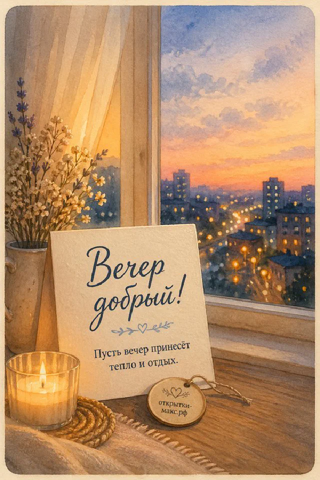 Кожаная коричневая книга с очками и карточкой «Вечер добрый» рядом с чашкой кофе и оранжевым пледом — вариант 7