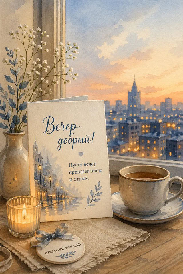 Кожаная коричневая книга с очками и карточкой «Вечер добрый» рядом с чашкой кофе и оранжевым пледом — вариант 8
