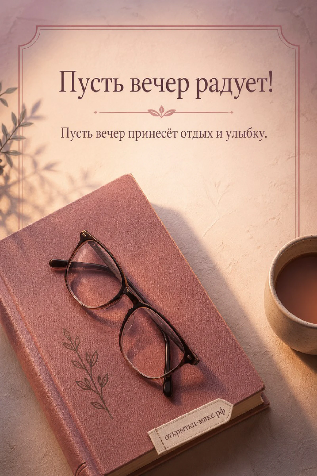 Розовая книга с очками на обложке и чашка чая в тёплом рассеянном свете