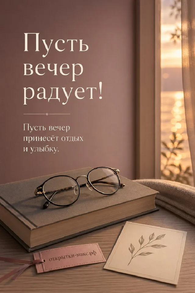 Розовая книга с очками на обложке и чашка чая в тёплом рассеянном свете — вариант 3
