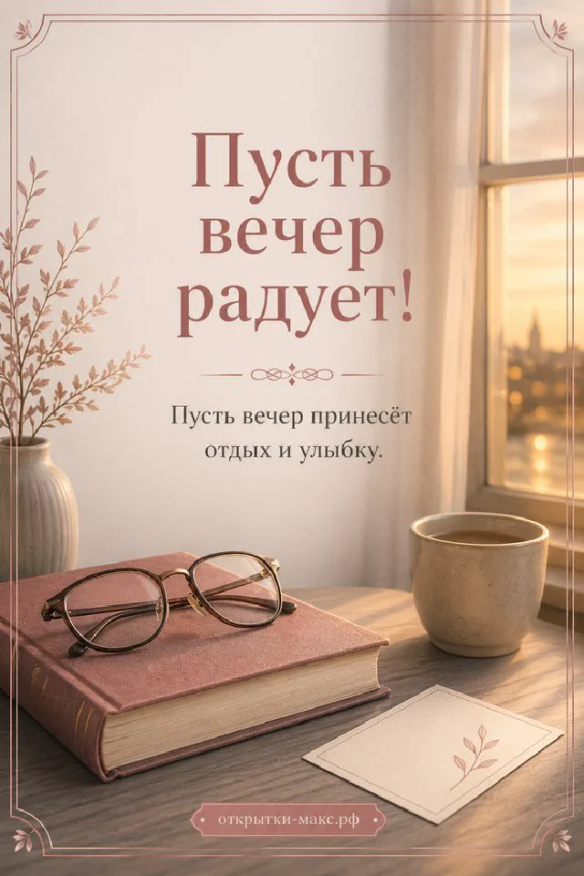 Розовая книга с очками на обложке и чашка чая в тёплом рассеянном свете — вариант 6