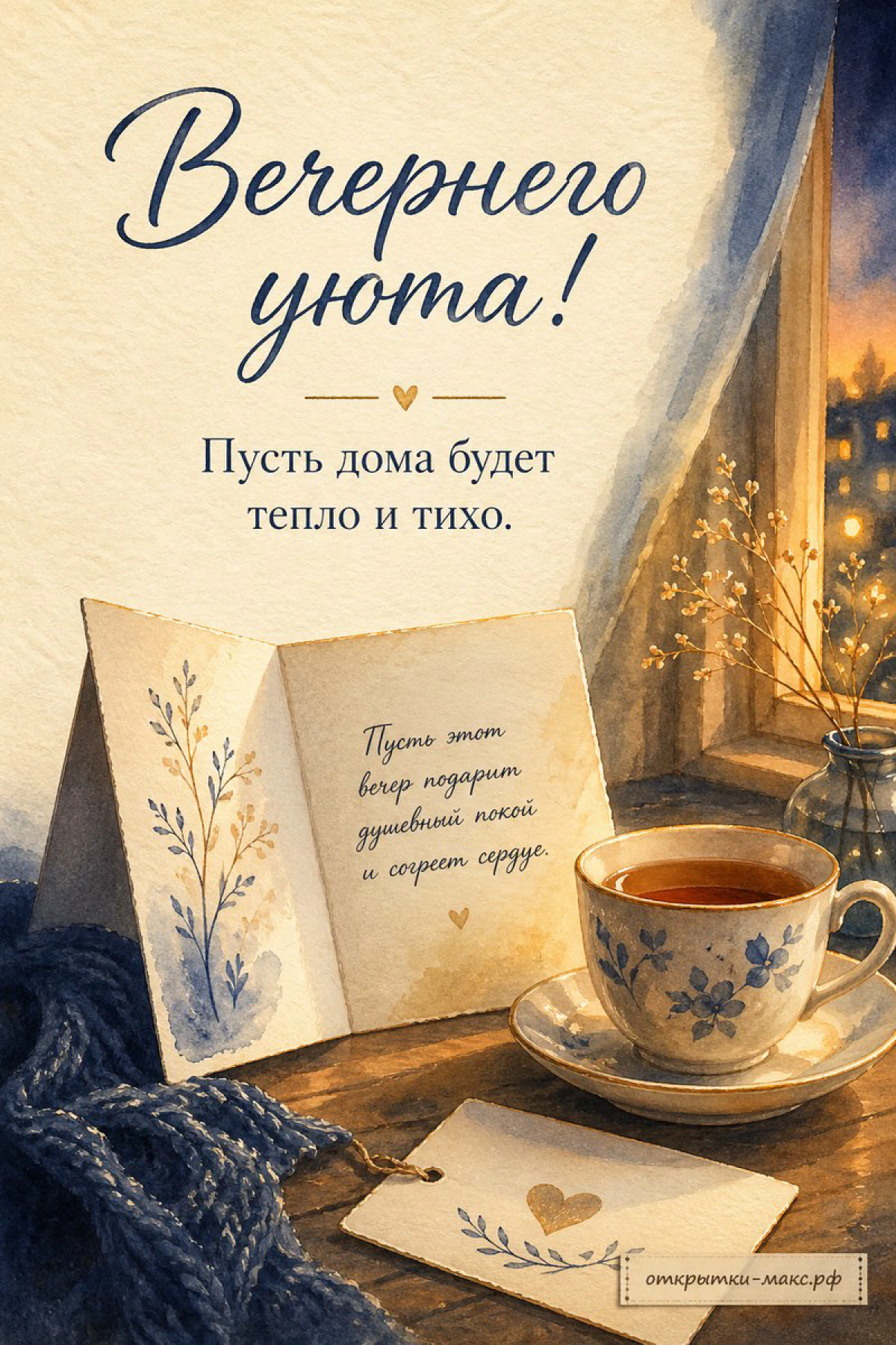 Акварельная открытка с синей книгой-открыткой, чашкой чая и вечерним городом за окном