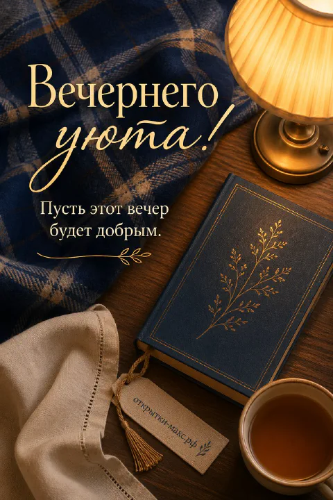 Синяя книга с золотым цветочным рисунком, клетчатый плед и настольная лампа с чашкой чая