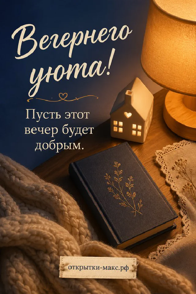 Синяя книга с золотым цветочным рисунком, клетчатый плед и настольная лампа с чашкой чая — вариант 6