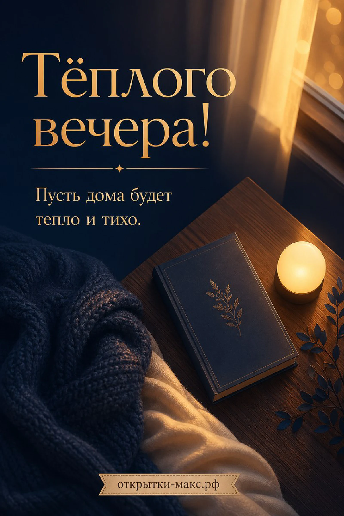 Тёмно-синяя книга и светящаяся свеча у ночного окна с пледом