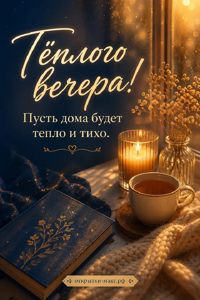 Тёмно-синяя книга и светящаяся свеча у ночного окна с пледом — вариант 2