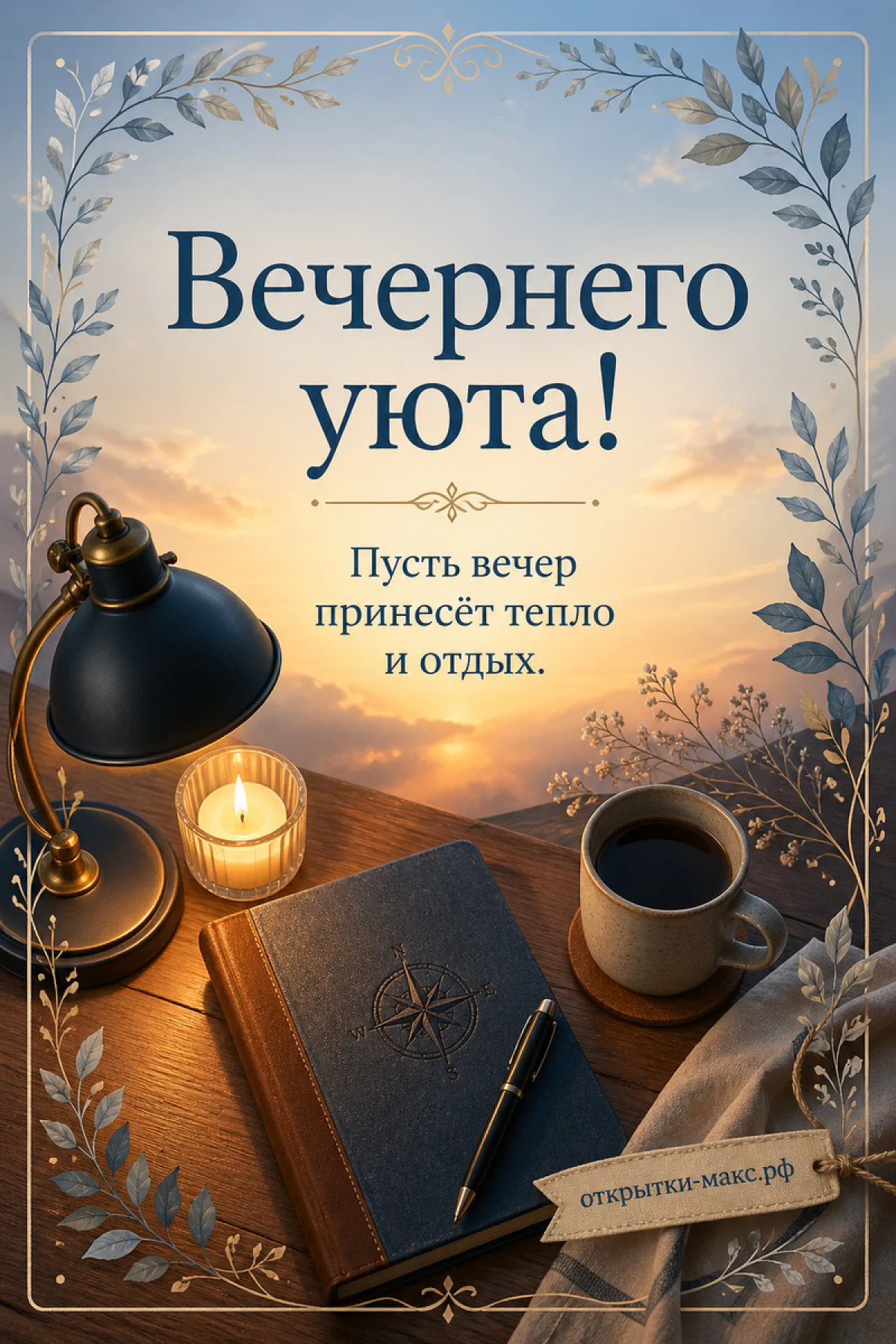Блокнот с компасом, чашка кофе и горящая свеча на столе у окна с закатным небом