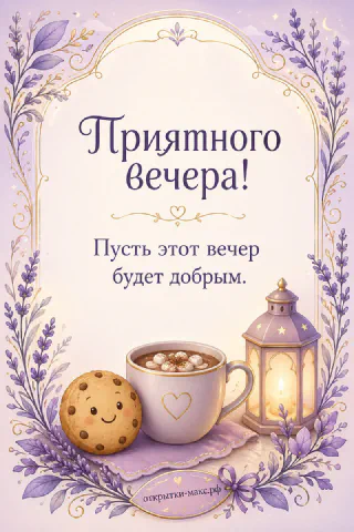 Иллюстрированная открытка в лавандовых тонах: чашка кофе с сердечком, улыбающееся печенье и светящийся фонарик