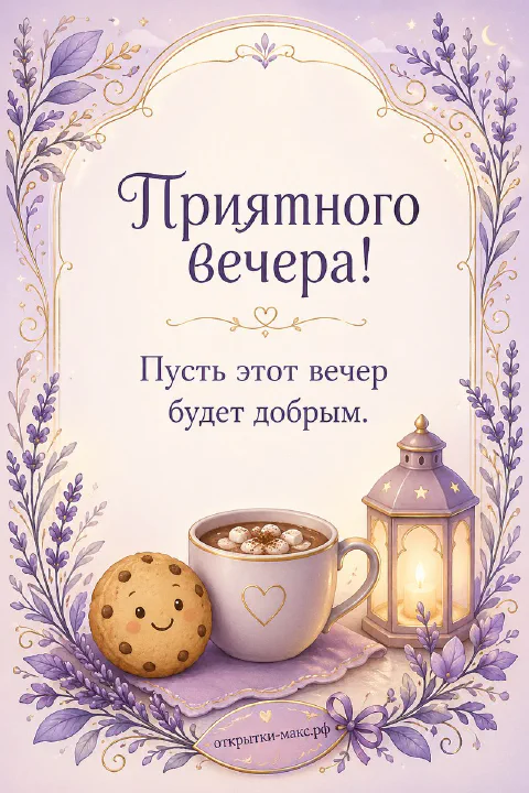 Иллюстрированная открытка в лавандовых тонах: чашка кофе с сердечком, улыбающееся печенье и светящийся фонарик