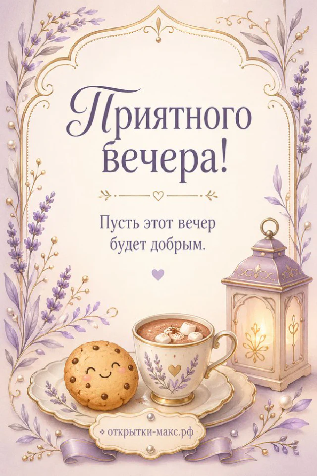 Иллюстрированная открытка в лавандовых тонах: чашка кофе с сердечком, улыбающееся печенье и светящийся фонарик — вариант 3