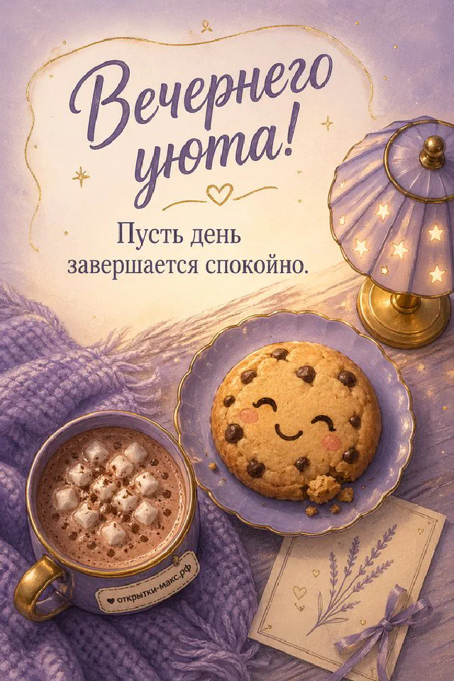 Кружка какао с маршмеллоу, печенье с рожицами и открытка с облачком на фиолетовом фоне — вариант 3