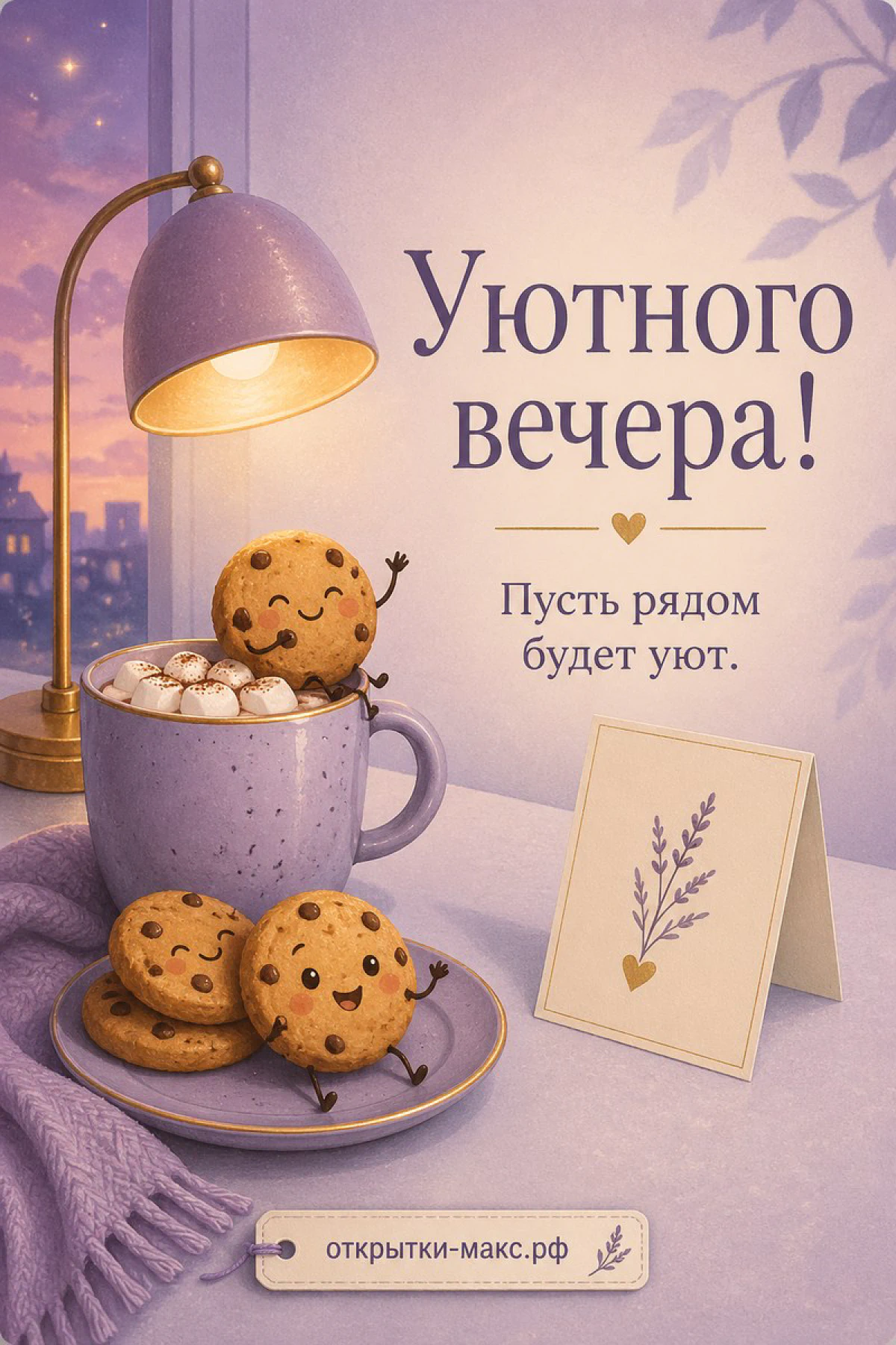 Большая фиолетовая кружка кофе с улыбающимися печеньями и гирляндой на фиолетовом фоне