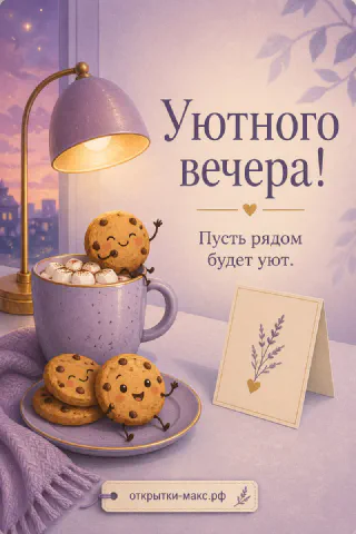 Большая фиолетовая кружка кофе с улыбающимися печеньями и гирляндой на фиолетовом фоне