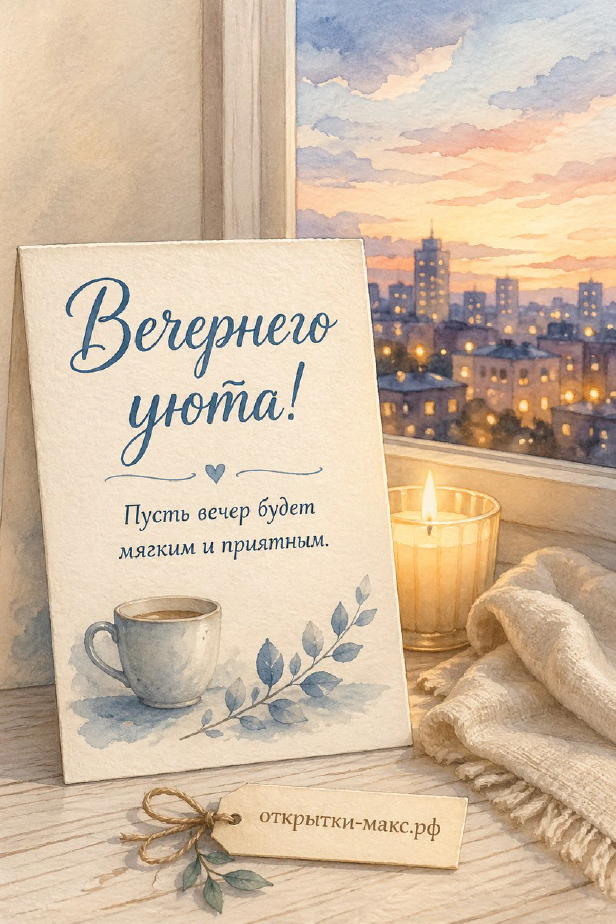 Акварельная открытка с чашкой кофе и горящей свечой на фоне закатного городского вида через окно