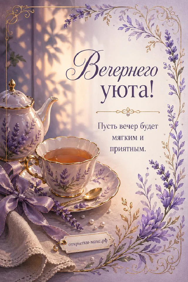 Акварельная открытка с чашкой кофе и горящей свечой на фоне закатного городского вида через окно — вариант 2