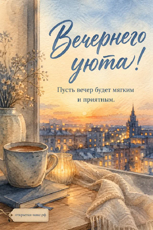Акварельная открытка с чашкой кофе и горящей свечой на фоне закатного городского вида через окно — вариант 3
