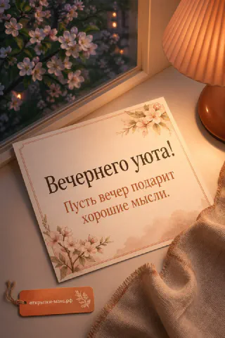 Декоративный конверт с цветами на подоконнике рядом с лампой и льняным пледом на фоне цветущих веток