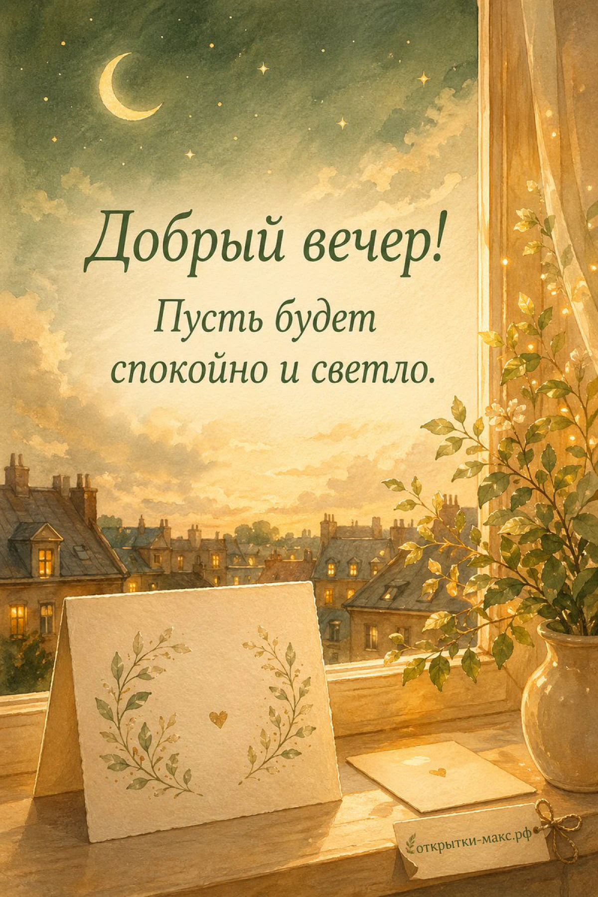 Конверт с нарисованным венком у окна с молодым месяцем и огнями вечернего города в акварельном стиле