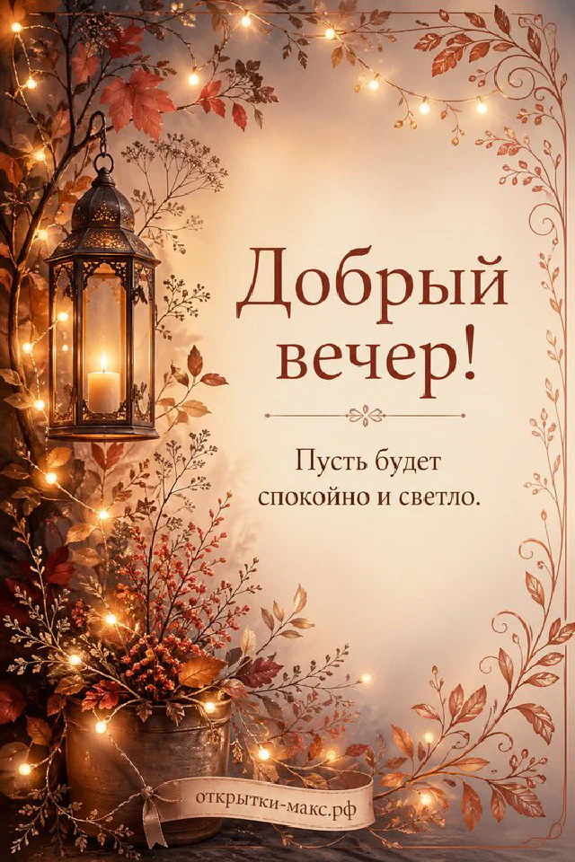 Конверт с нарисованным венком у окна с молодым месяцем и огнями вечернего города в акварельном стиле — вариант 3