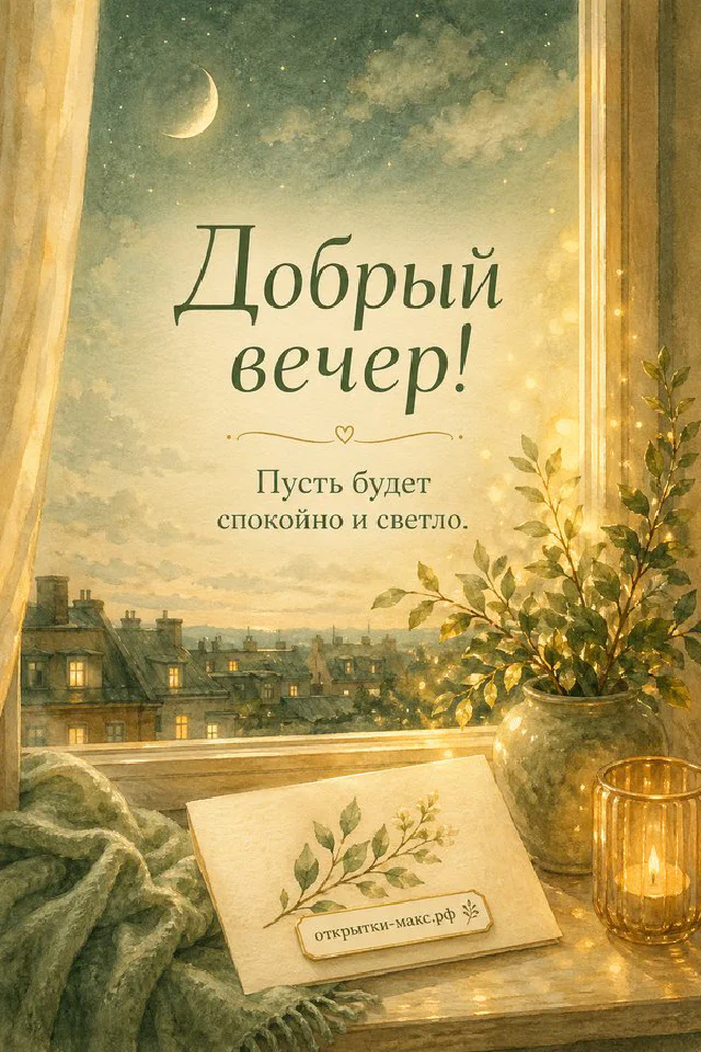 Конверт с нарисованным венком у окна с молодым месяцем и огнями вечернего города в акварельном стиле — вариант 4