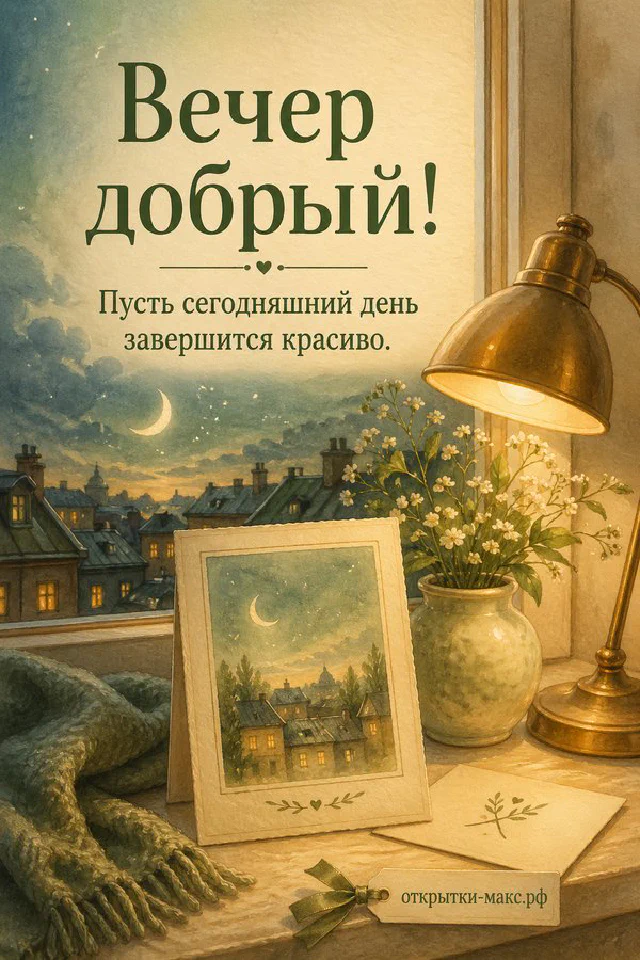 Конверт с веточкой и золотой лентой, свеча в стакане и сухие цветы на подоконнике с видом на акварельный зимний город — вариант 2