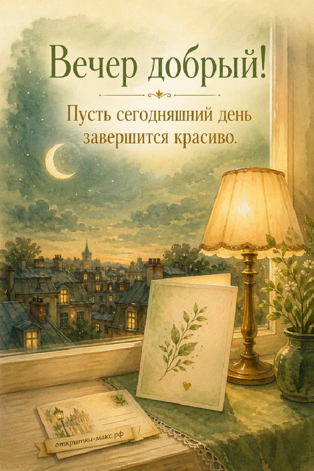 Конверт с веточкой и золотой лентой, свеча в стакане и сухие цветы на подоконнике с видом на акварельный зимний город — вариант 3