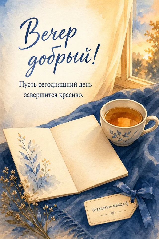 Конверт с веточкой и золотой лентой, свеча в стакане и сухие цветы на подоконнике с видом на акварельный зимний город — вариант 5