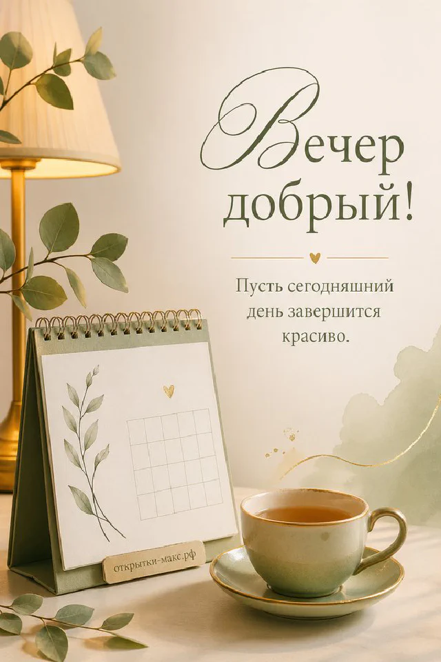 Конверт с веточкой и золотой лентой, свеча в стакане и сухие цветы на подоконнике с видом на акварельный зимний город — вариант 6