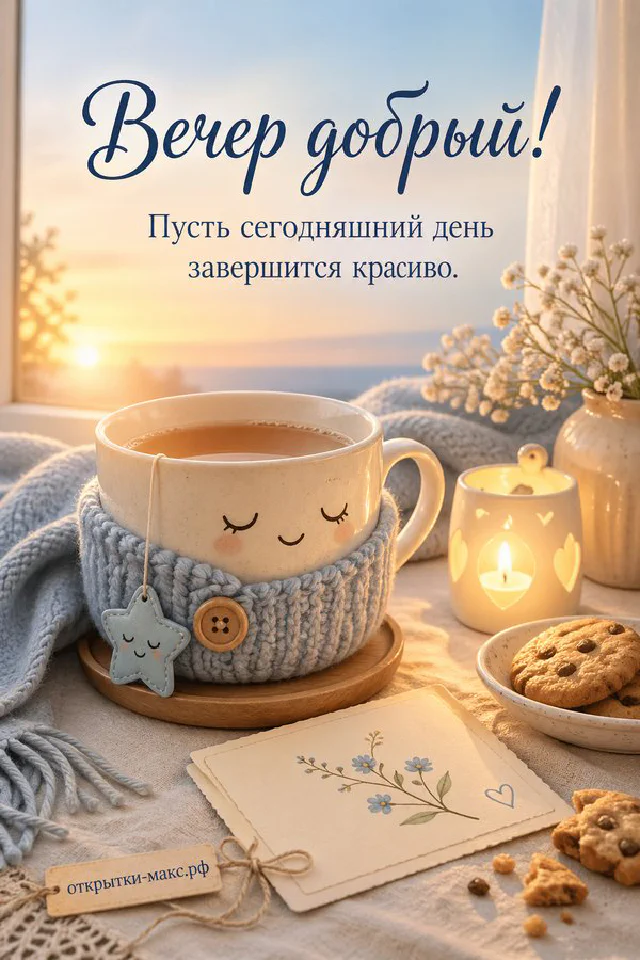 Конверт с веточкой и золотой лентой, свеча в стакане и сухие цветы на подоконнике с видом на акварельный зимний город — вариант 7