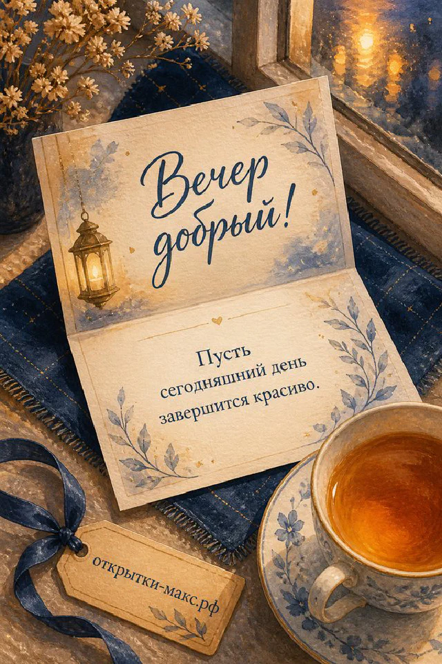 Конверт с веточкой и золотой лентой, свеча в стакане и сухие цветы на подоконнике с видом на акварельный зимний город — вариант 8