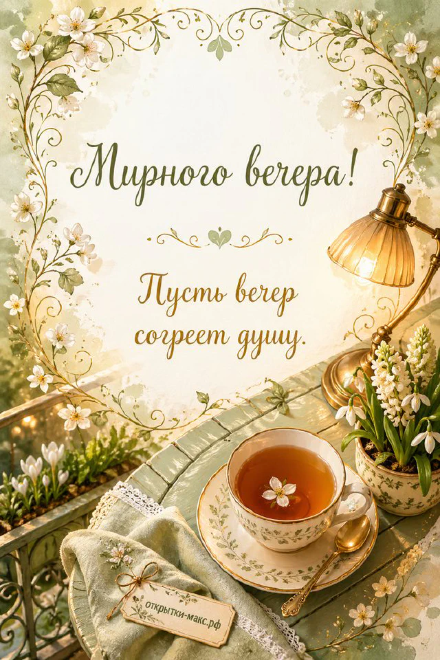 Зелёный конверт с деревянным сердечком, горящая свеча в стакане и ваза с белыми цветами на кружевной салфетке — вариант 2