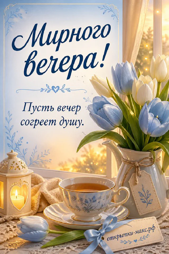 Зелёный конверт с деревянным сердечком, горящая свеча в стакане и ваза с белыми цветами на кружевной салфетке — вариант 6