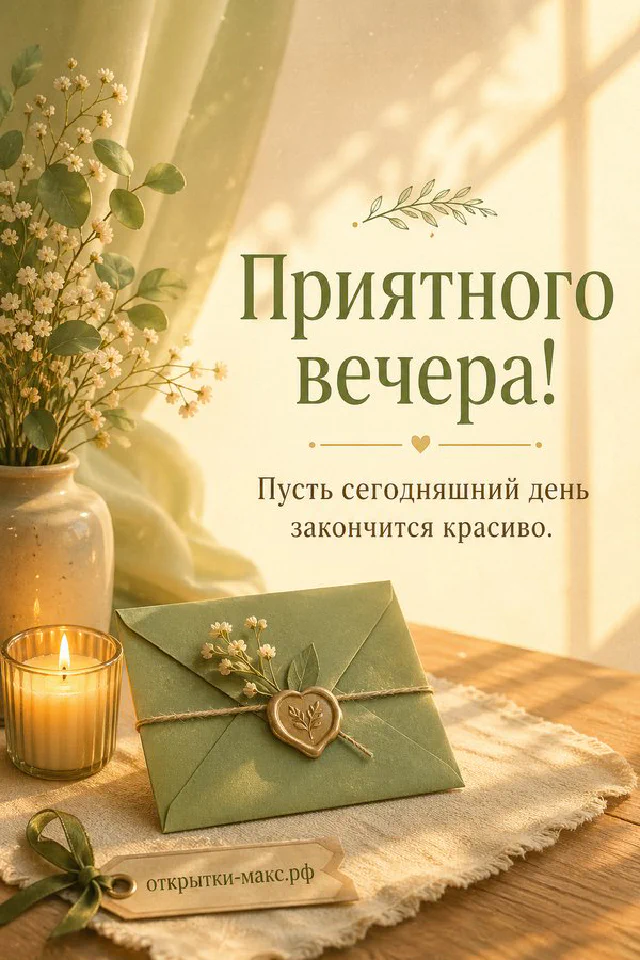 Зелёный конверт с восковой печатью, горящая свеча и ваза с веточками на светлом деревянном столе — вариант 7