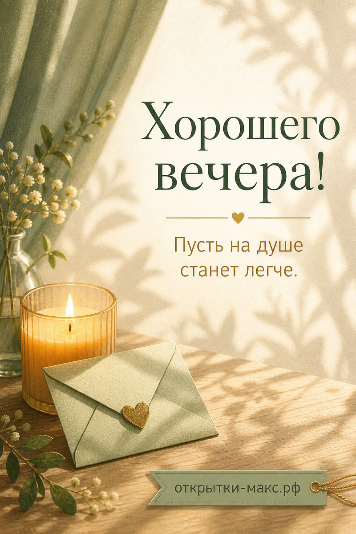 Светлая открытка с конвертом, горящей свечой и веточками на бежевом фоне