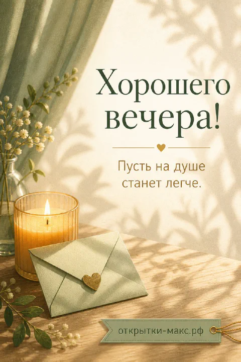 Светлая открытка с конвертом, горящей свечой и веточками на бежевом фоне