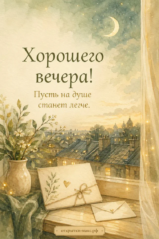 Светлая открытка с конвертом, горящей свечой и веточками на бежевом фоне — вариант 2