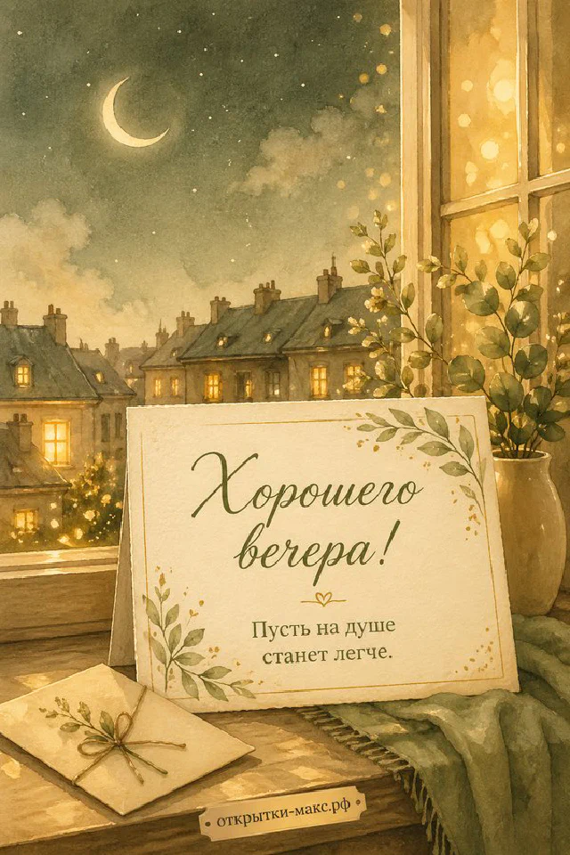 Светлая открытка с конвертом, горящей свечой и веточками на бежевом фоне — вариант 3