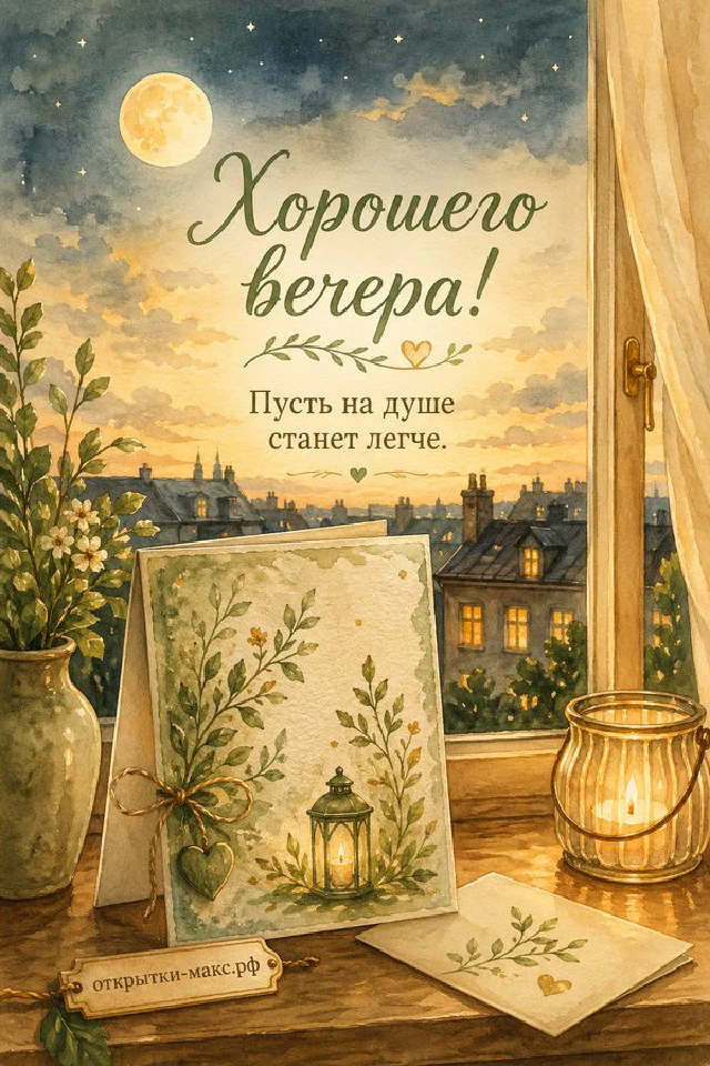 Светлая открытка с конвертом, горящей свечой и веточками на бежевом фоне — вариант 7