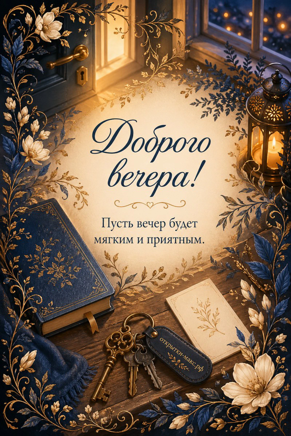 Старинная книга с золотым декором, бронзовые ключи и декоративный фонарь в тёмно-синей рамке с цветами