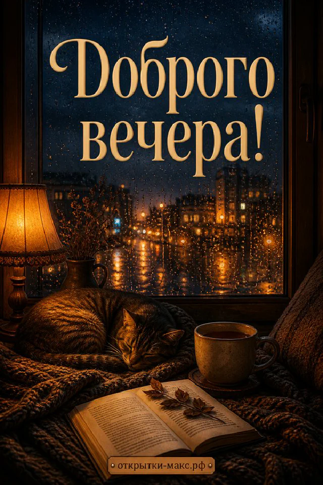 Рыжий полосатый кот спит рядом с открытой книгой и чашкой чая у окна в дождливый вечер — вариант 3
