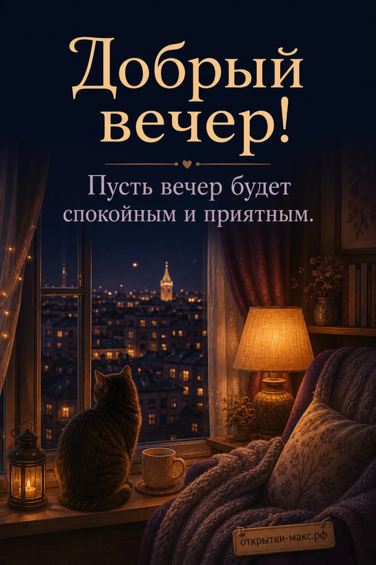 Серый кот на подоконнике смотрит на ночной город с огнями, рядом горящая свеча и чашка чая
