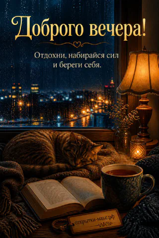 Рыжий кот на пледе у окна с видом на ночной город, рядом чашка чая и книга в свете лампы