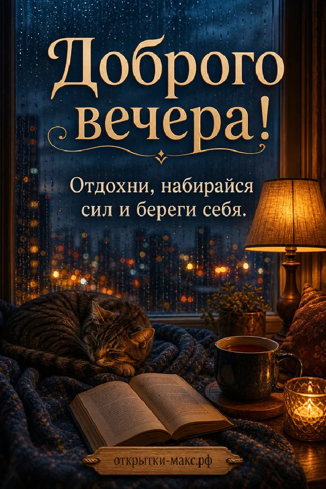 Рыжий кот на пледе у окна с видом на ночной город, рядом чашка чая и книга в свете лампы — вариант 2