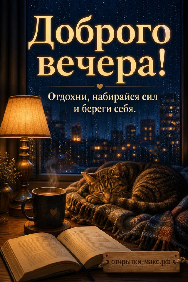 Рыжий кот на пледе у окна с видом на ночной город, рядом чашка чая и книга в свете лампы — вариант 3