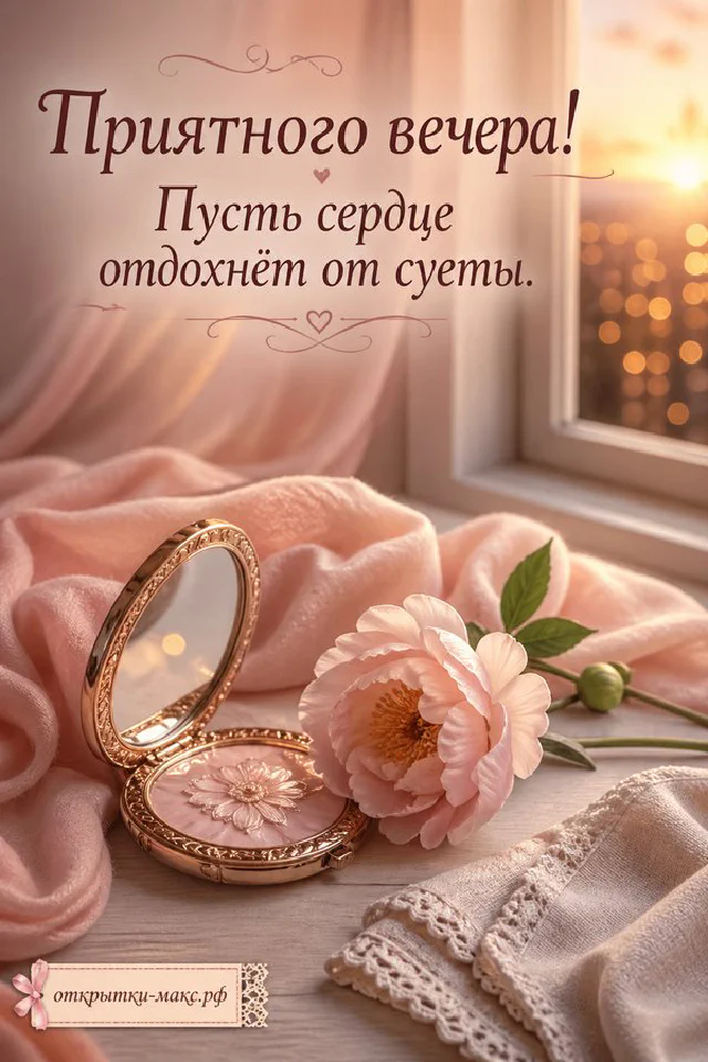 Котёнок спит в розовом тапочке с сердечком, рядом чашка чая и светящийся фонарик на розовом пледе — вариант 3