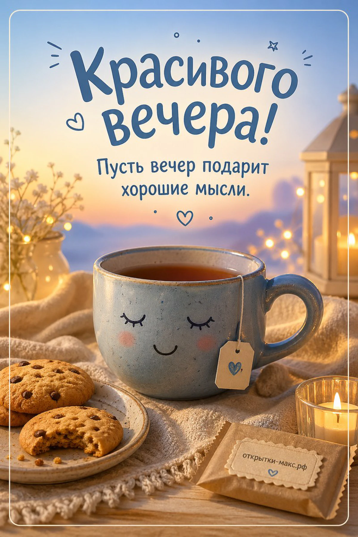 Голубая кружка с чаем и смайлом, домашнее печенье на блюдце и свеча — открытка Красивого вечера