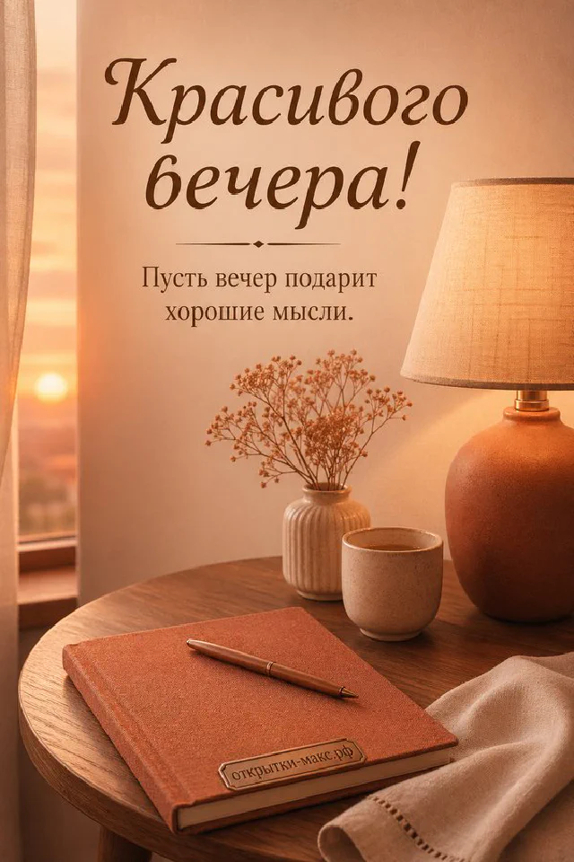Голубая кружка с чаем и смайлом, домашнее печенье на блюдце и свеча — открытка Красивого вечера — вариант 2