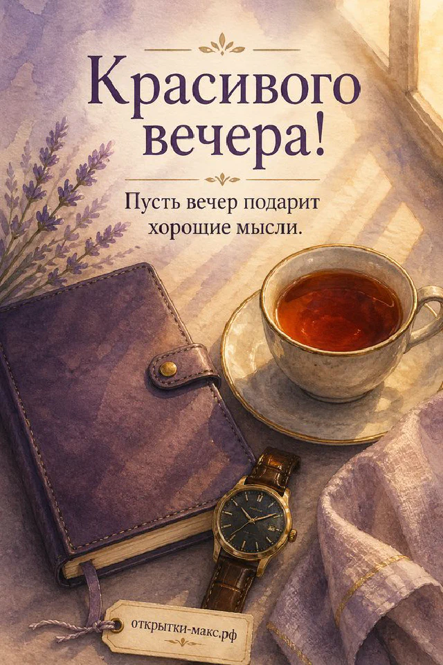 Голубая кружка с чаем и смайлом, домашнее печенье на блюдце и свеча — открытка Красивого вечера — вариант 3